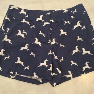 New LOFT Riviera Shorts Wom Sz 0 Navy Blue Linen Blend Horse Print Casual Preppy